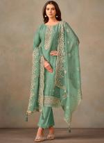 Organza Sea Green Festival Wear Sequins Work Straight Suit